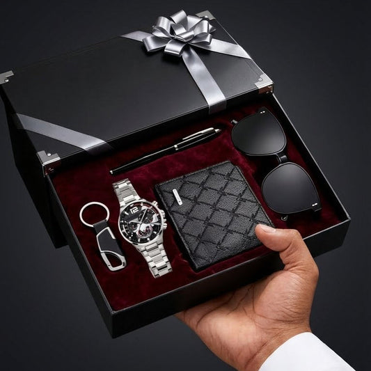 Premium Men’s 5-Piece Gift Set – Stylish Watch, Wallet, Glasses, Pen & Keychain